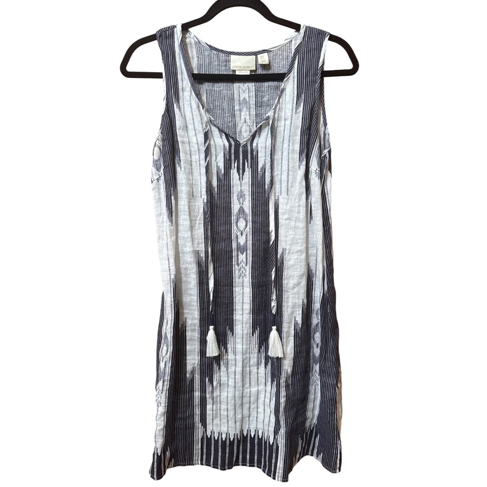 Cynthia Rowley Womens Blue White Ikat 100% Linen Tassel Shift Dress Size 4